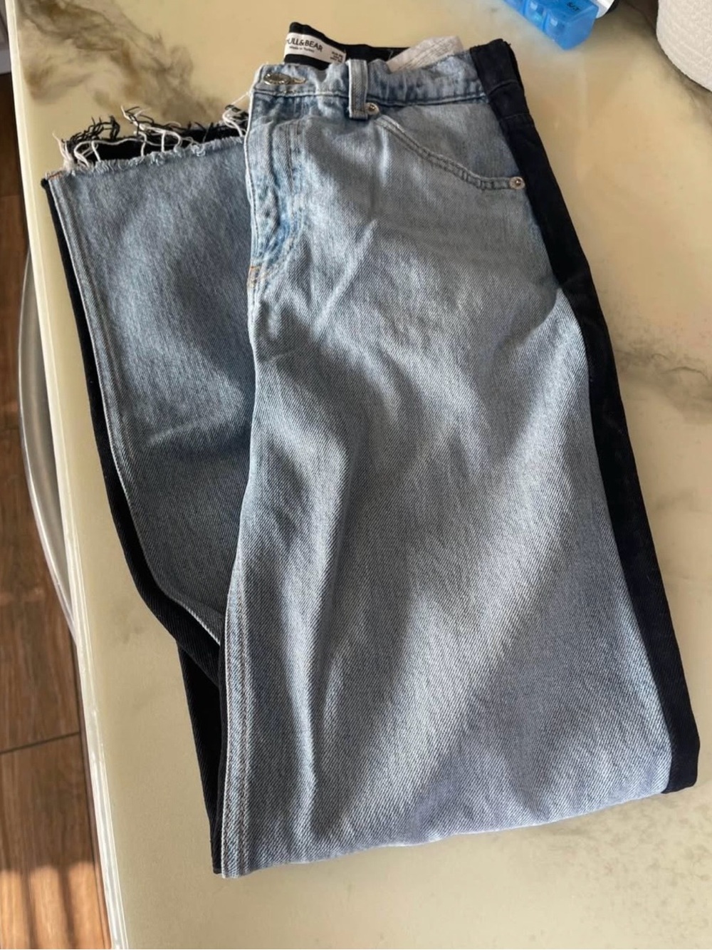 Pull&Bear Two-Tone Light Blue and Dark Blue Relaxed Jeans with Side Panel